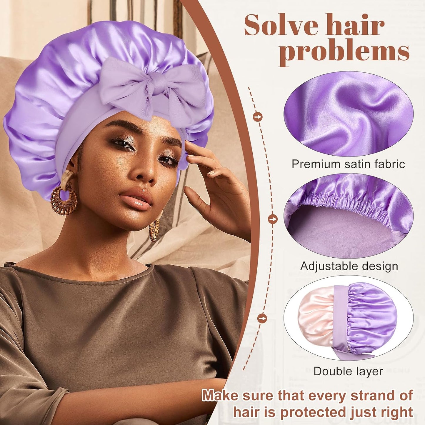 Satin Bonnet for Sleeping Cap Double Layer Hair Bonnet with Elastic Tie Band for Curly Hair Night Cap (Bean Paste + Pink)