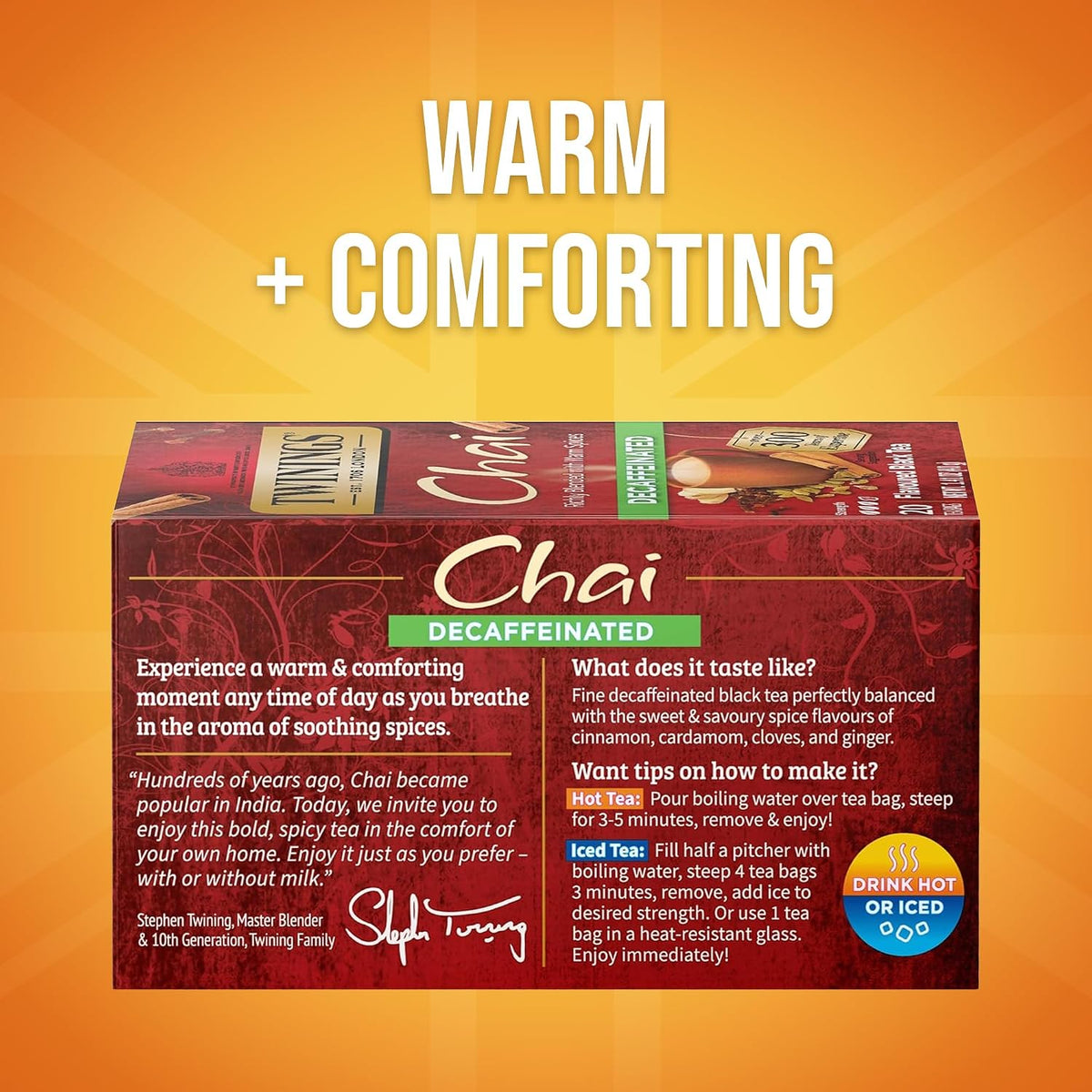 Twinings Decaffeinated Chai Individually Wrapped Bags, 20 Count (Pack of 6), Sweet, Savoury Spices, Enjoy Hot or Iced, 120 Teabags
