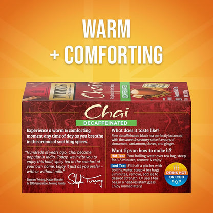 Twinings Decaffeinated Chai Individually Wrapped Bags, 20 Count (Pack of 6), Sweet, Savoury Spices, Enjoy Hot or Iced, 120 Teabags