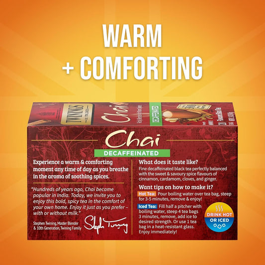 Twinings Decaffeinated Chai Individually Wrapped Bags, 20 Count (Pack of 6), Sweet, Savoury Spices, Enjoy Hot or Iced, 120 Teabags