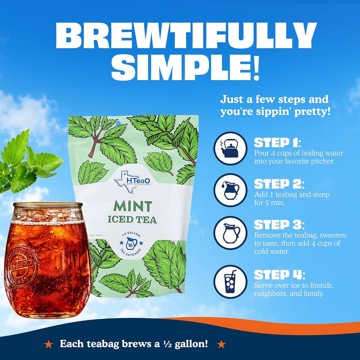 HTeaO Mint Iced Tea Bags - Makes 4 Gallons - Texas Style - Black Tea