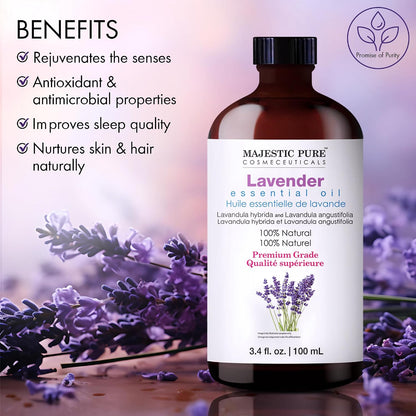 Majestic Pure Essential Oil with Glass Dropper - Essential Oils for Diffuser, Aromatherapy, Soap and Candle Making, Lavender Essential Oil, Lavender Oil, 4 Fl Oz