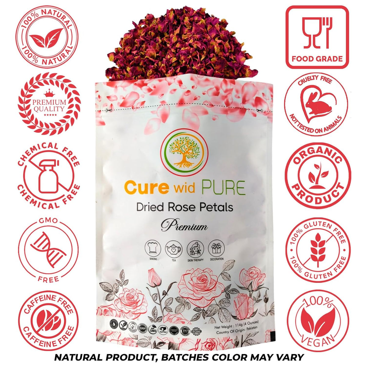 Cure wid Pure Organic Dried Rose Petals 4oz - Food Grade Edible Rose Petals