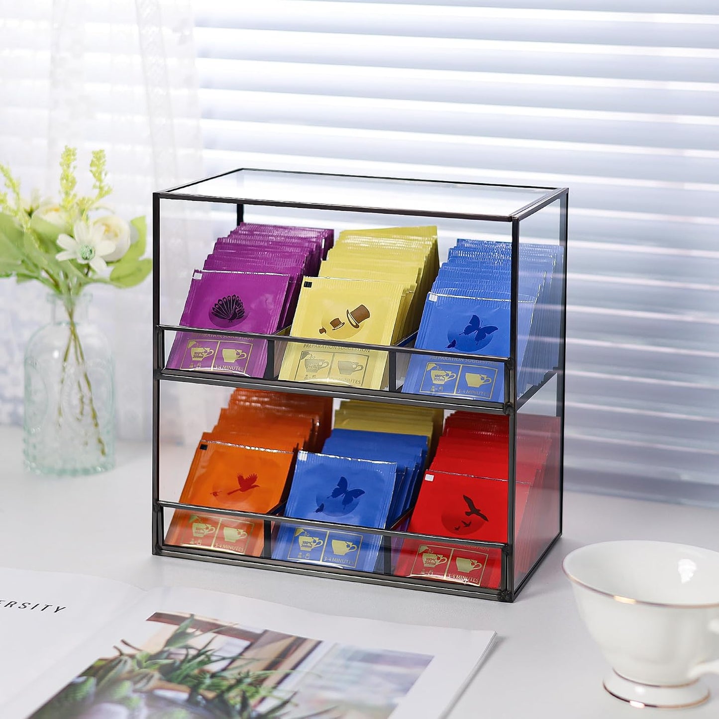 REDHUGO Glass Tea Bag Organizer for Counter, 2-Tier Teabag Organizer Storage Holder for Tea Bags, Glass Caddy Box Containers, Rack Teabag Station Stand for Cabinet Kitchen, 2-Tier, Gold
