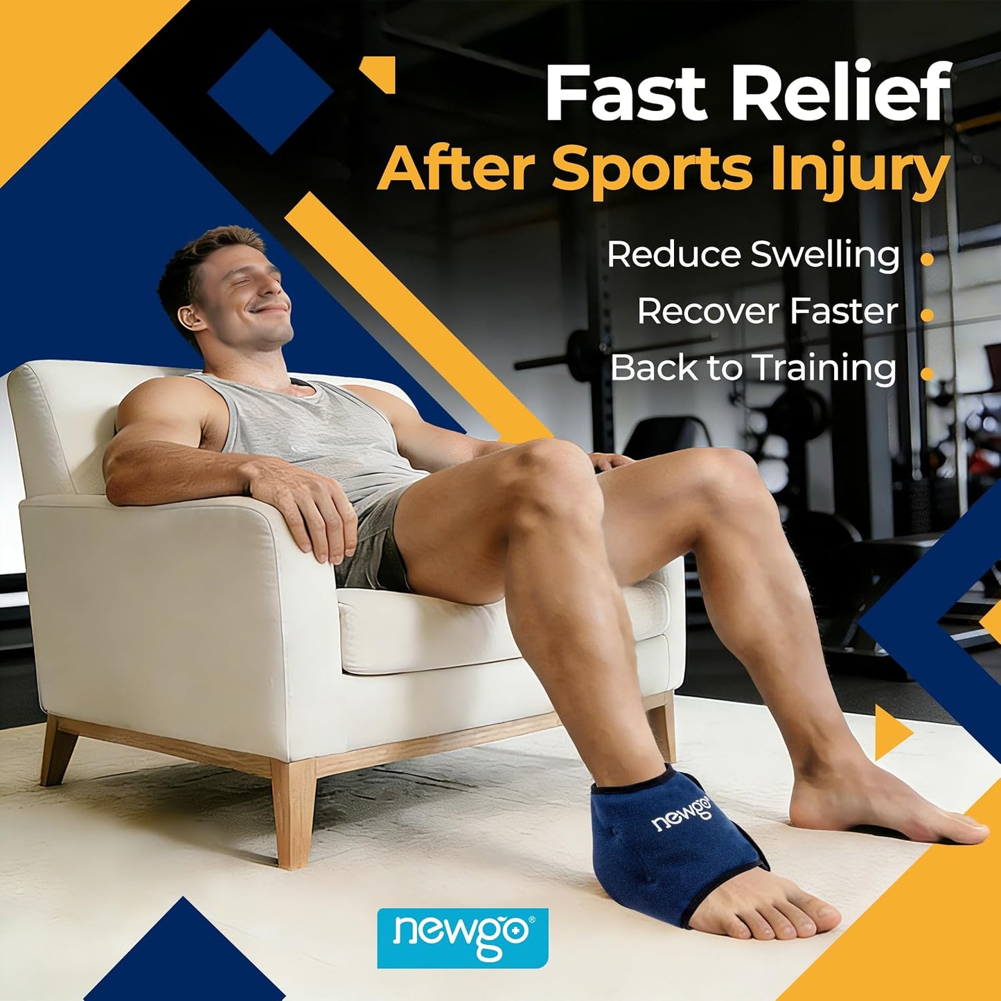 NEWGO Ankle Ice Pack Wrap for Swelling & Pain Relief, Reusable Hot Cold Gel Packs, Adjustable Brace for Plantar Fasciitis, Achilles Tendonitis, Heel Spur, Sprained Injuries - Up to 75kg Men Women