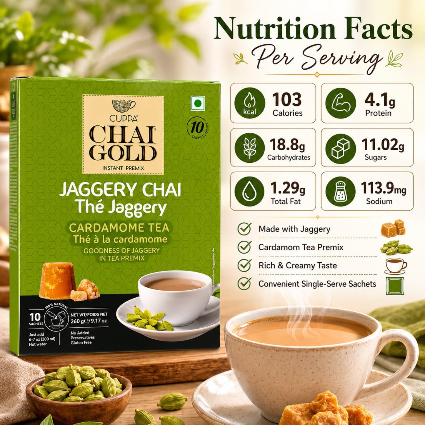 Chai Gold Instant Jaggery Chai Tea Premix Powder, Traditional Indian Milk Tea Latte Mix, Naturally Sweetened with Jaggery, Quick Preparation Hot Beverage, Low Caffeine, 10 count pack