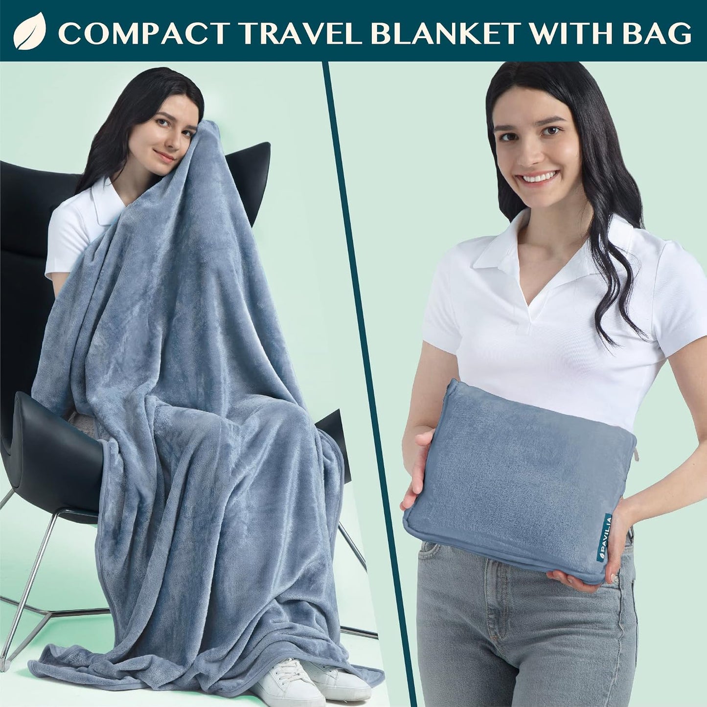 PAVILIA Travel Blanket Pillow, Soft Airplane Blanket 2-IN-1 Combo Set, Plane Blanket Compact Packable, Flight Essentials Car Pillow, Travelers Gifts Accessories Luggage Backpack Strap, 60x43 Teal Blue