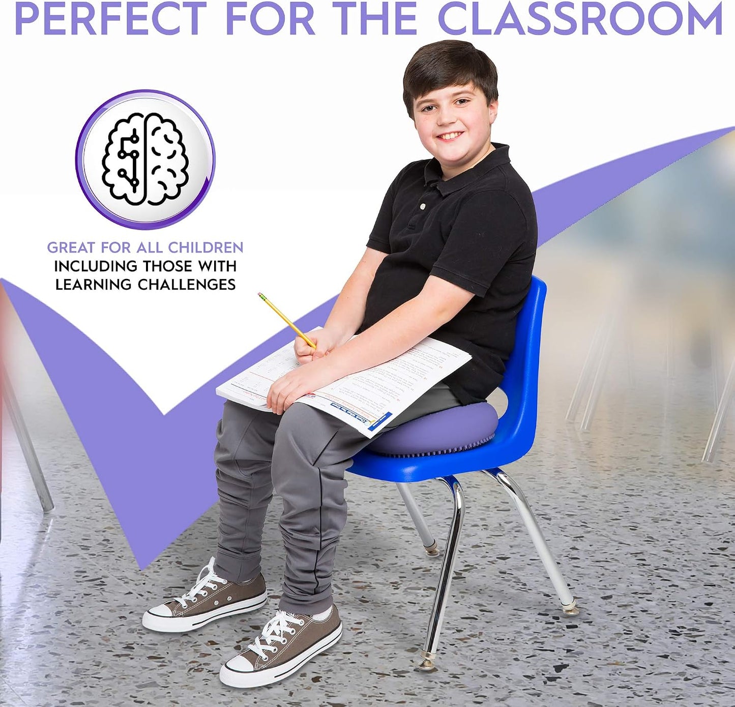 Bouncyband – Wiggle Seat – Purple, 13” D – Large Sensory Cushion for Kids Ages 6-18+ – Promotes Active Learning, Improves Student Productivity, Includes Easy-Inflation Pump