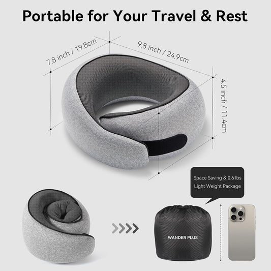 WANDER+® Travel Neck Pillow, Pure Memory Foam Neck Pillow for Airplanes, Comfortable Breathable Cover, 360 Degree Support Ergonomic Design Best for Sleeping Plane Train Travel Essentials Max Grey