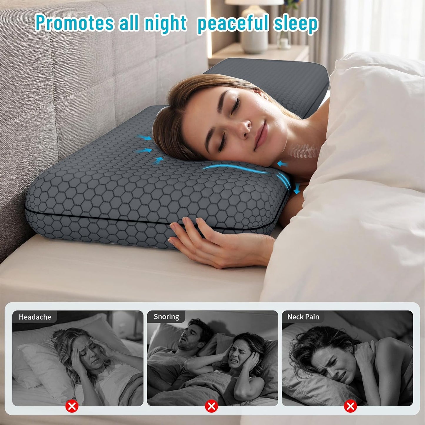 CushyOasis Memory Foam Pillows for Side, Back and Stomach Sleepers, Set of 2, Bed Pillow with Washable Cover and Breathable Mesh, Bed Pillow for Sleeping (Blue，Standard Size)
