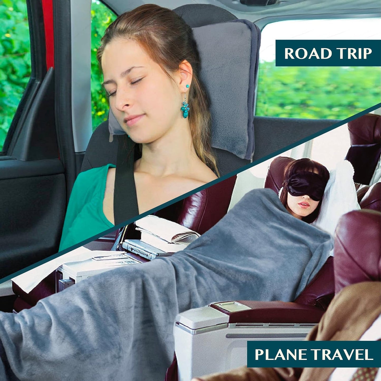 PAVILIA Travel Blanket Pillow, Soft Airplane Blanket 2-IN-1 Combo Set, Plane Blanket Compact Packable, Flight Essentials Car Pillow, Travelers Gifts Accessories Luggage Backpack Strap, 60x43 Teal Blue