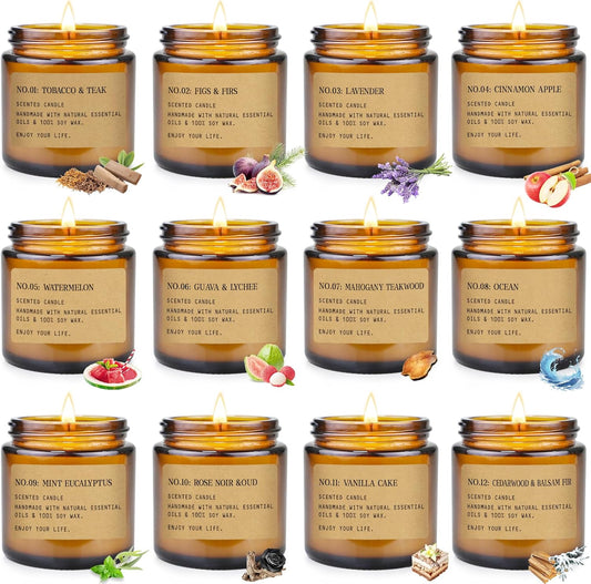Scented Candles Gift Set,12 Pack Aromatherapy Candles for Home Scented, Aromatherapy Jar Candle Gifts for Women, Natural Soy Wax Amber Candle Set, Scented Candles Set for Birthday Present