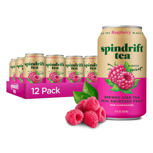Spindrift Brewed Iced Tea, Raspberry Black Tea, Made with Real Squeezed Fruit, No Carbonation, Slightly Sweet, 12 Fl Oz Cans, Pack of 12 (Only 46 Calories per Can)