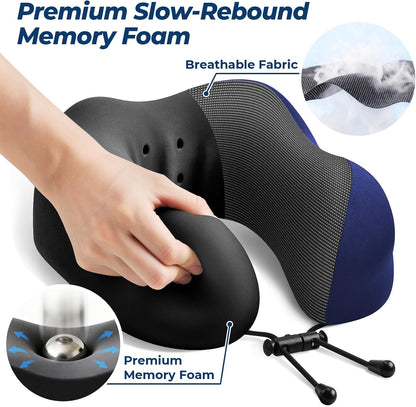 ExploreBliss Travel Pillow, Travel Pillows for Sleeping Airplane, Neck Pillow Airplane, Memory Foam Neck Pillow Set with Eye Mask, Earplugs and Storage Bag -Grey