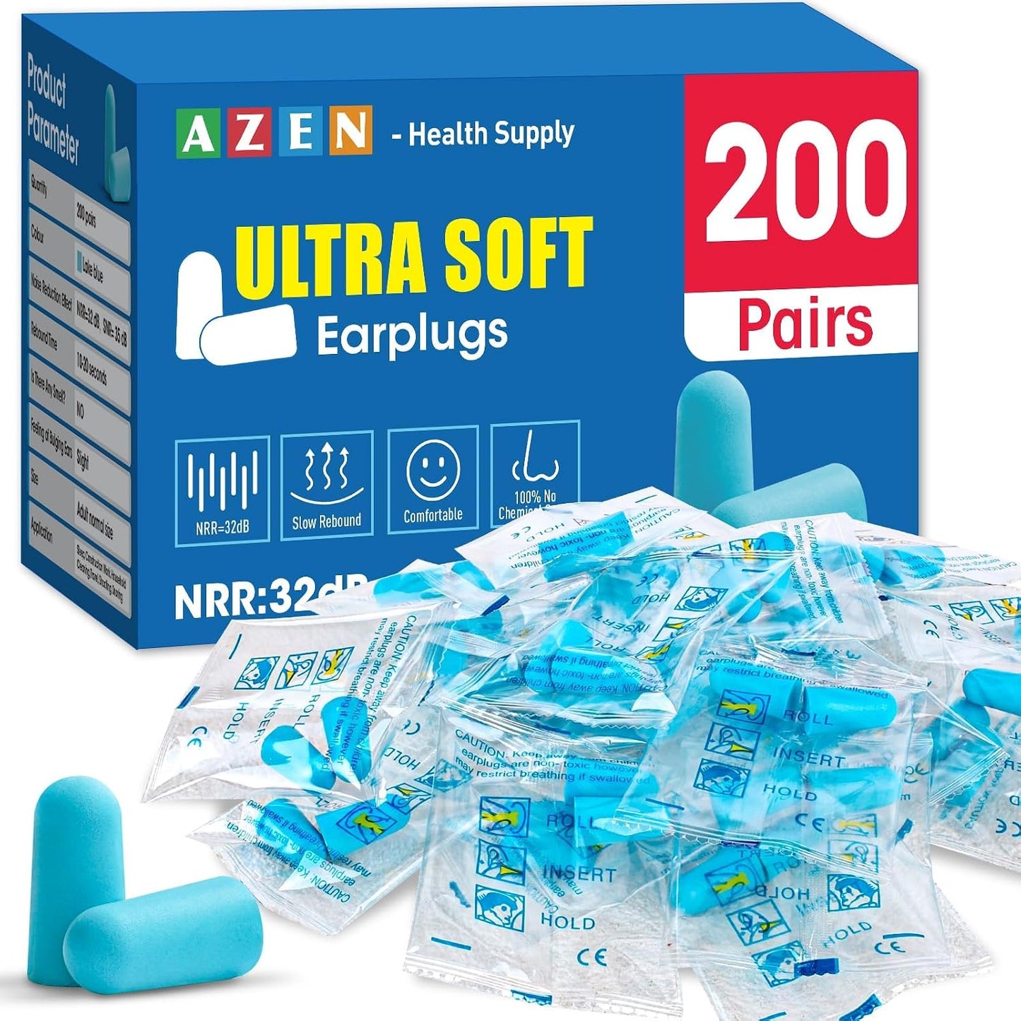 AZEN 100 Pairs Ear Plugs Bulk, NRR 32dB Soft Foam Ear Plugs for Sleeping Noise Cancelling, Earplugs for Concerts Shooting Swimming Noise Reduction (Lake Blue)