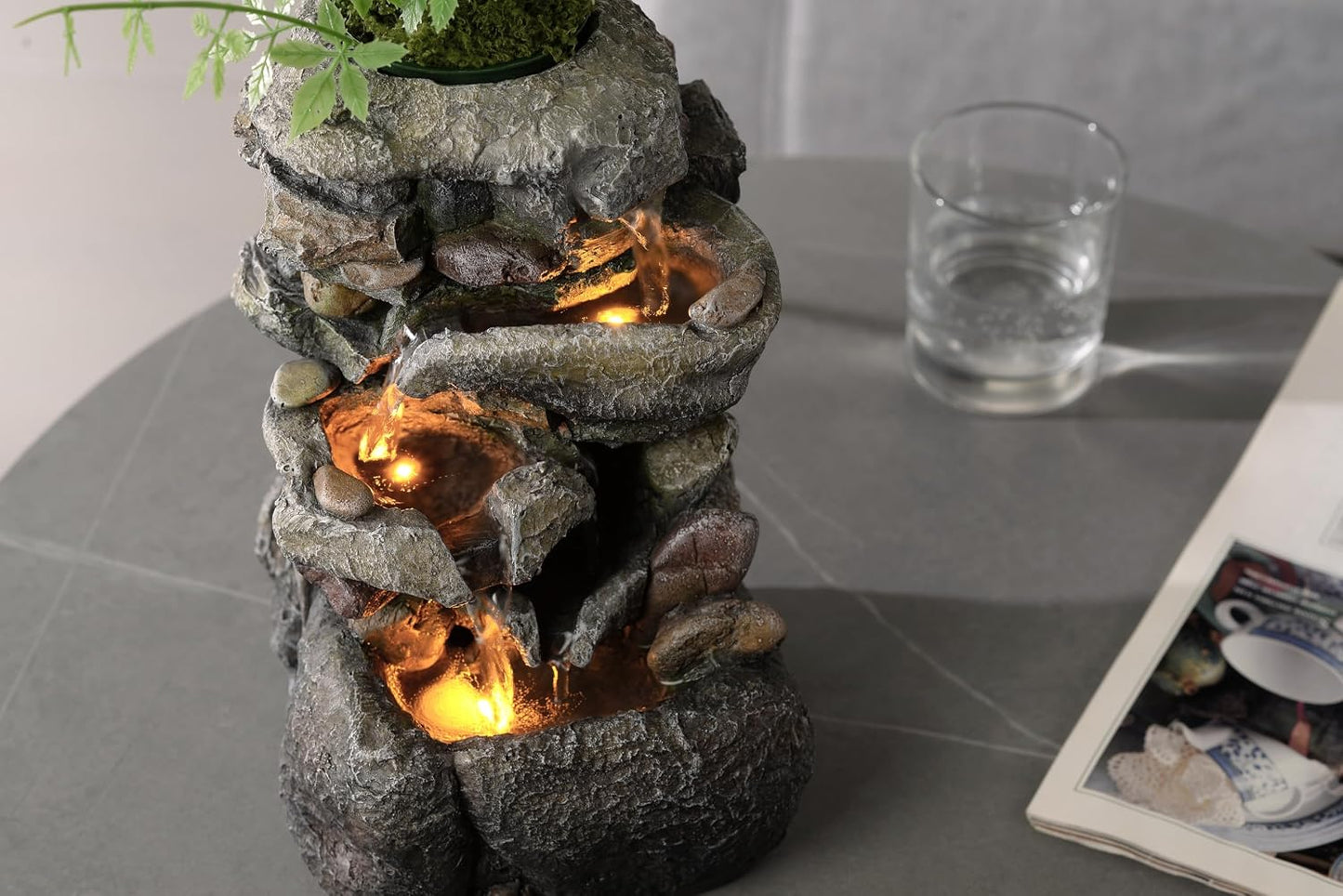 Tolevoit Tabletop Water Fountain with LED Lighting for Indoor Decor and Ambiance Relaxation Soothing Sound Waterfall Indoor Zen Relaxation for Office Home Decorations Growing Plants by Yourself