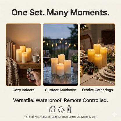 Waterproof Flameless Candles, 12 PC Battery Operated LED Pillar Candles with 2 Remote Controls & Timer, Flickering Indoor Outdoor Candles for Wedding, Patio, Easter, Bathroom, Home Decor, 4''5''6''