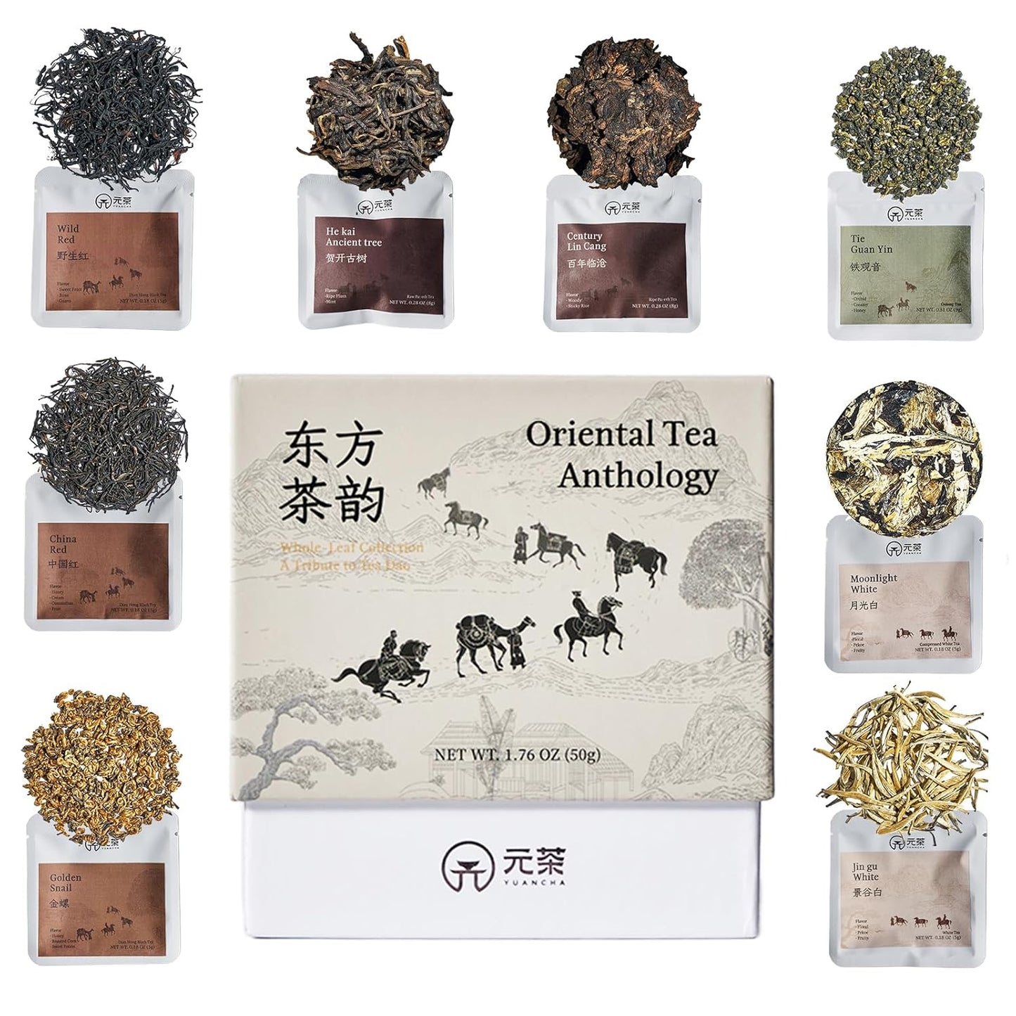Chinese Loose Leaf Tea Sampler for Beginners, 8 Variety Whole Leaf Tea Gift Set with Black, White, Oolong & Pu erh, Tea Tasting Kit with Distinct Flavor Profiles