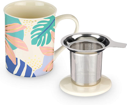 Pinky Up Annette Ceramic Tea Cup with Infuser and Lid, Travel Mug for Loose Leaf Teas, Home Office, Camping, Picnic Party, 12 oz, Set of 1, Honeycomb