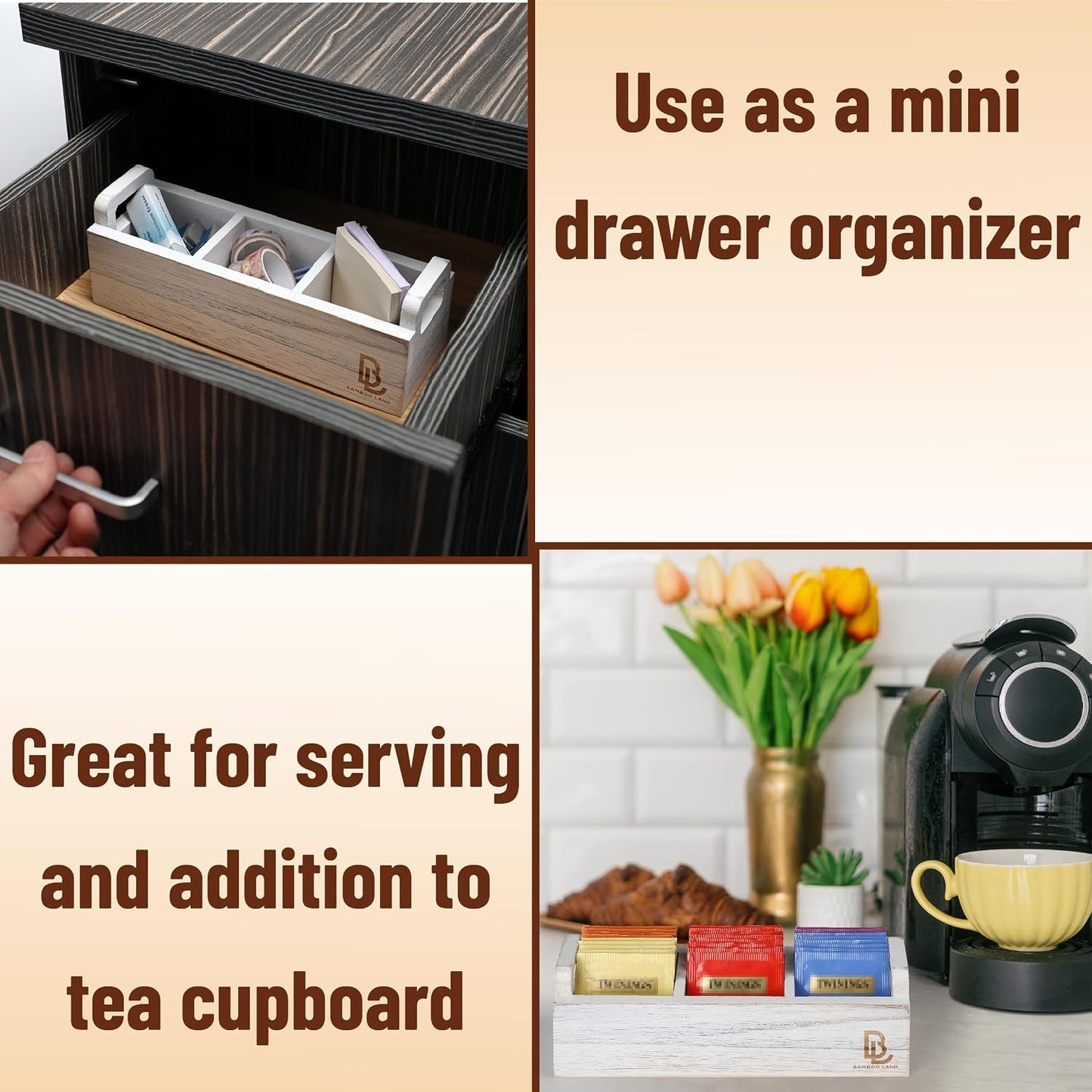 BAMBOO LAND- Small Wooden Tea Bag Organizer, 3 Slot Small Wooden Tea Bag Holder for Countertop, Storage Caddy Box for Tea Packets, Sugar Packet Holder, Kitchen Accessory for Home, Office, Coffee Bar