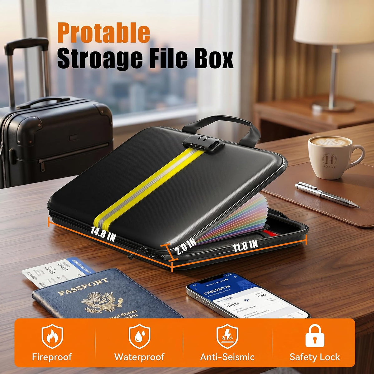 Fireproof Document Organizer with Lock, Semi-Rigid EVA Shell File Box with 13-Pocket Accordion Folder, Water-Resistant Storage for Important Documents, Passports & Certificates