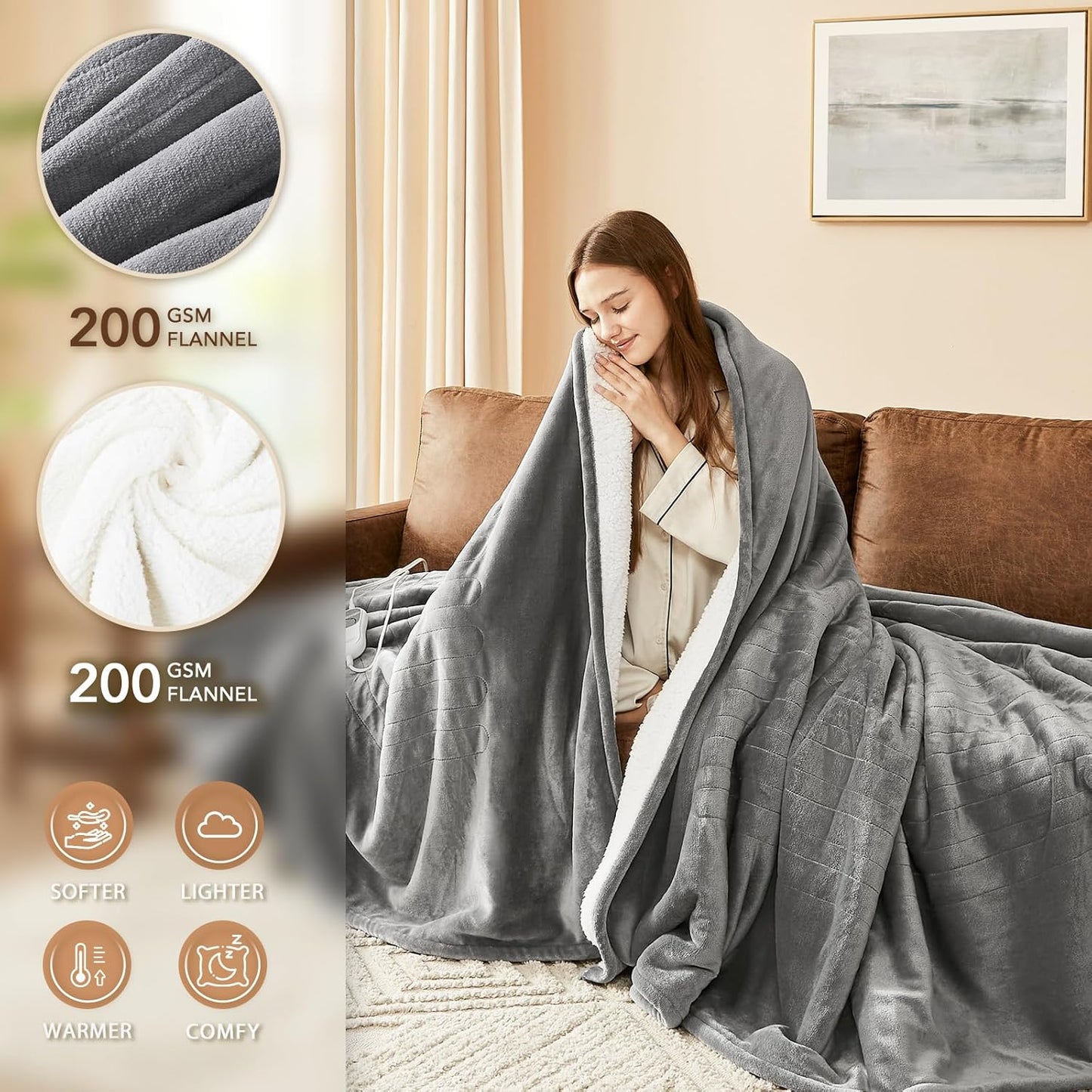 Homemate Electric Heated Blanket Twin - 62"x84" Heating Bed Blankets Throw with 10 Heating Levels 8 Hours Auto Off Fast Heating Over-Heated Protection Ultra Soft Warm Flannel ETL Certified Grey - Colors A