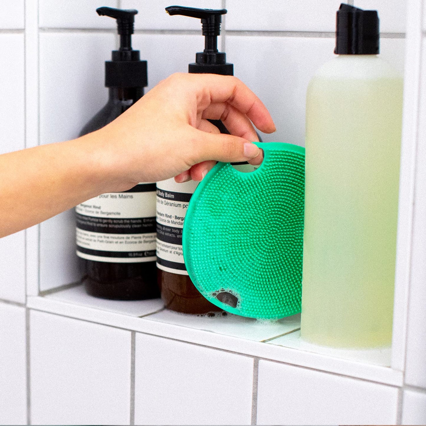 Boie USA Flat Body Scrubber - Soft Silicone-Like Exfoliating Shower Scrubber & Body Cleansing Brush - Stick-to-Wall Loofah Replacement - Antimicrobial Exfoliator for All Skin Types (Blue)