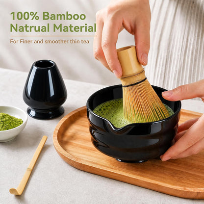 Matcha Whisk Set with Ceramic Bowl - Complete Matcha Making Kit, Bamboo Whisk (Chasen), Whisk Holder, Matcha Powder Sifter, Scoop, Japanese Tea Ceremony Tools（Green）