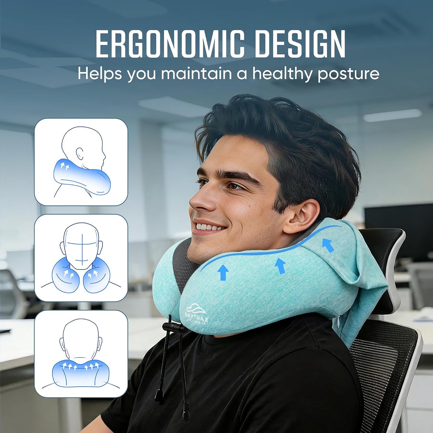SkytraxComf® Travel Neck Pillow with Hood for Privacy on Long Flights | Memory Foam | Airplane Sleep | Safety-Tested Materials | Extra Large Hood | Chin Support | Earplugs | Washable Cover