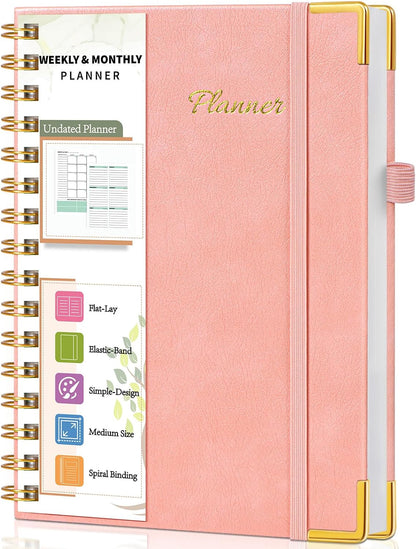 Undated Weekly Planner, Hardcover Leather Weekly & Monthly Calendar Blank Planner, To Do List Notebook with Goal & Habit Tracker Organizer, A5 Daily Planner with Spiral Binding, Ideal for Work School Home, Black