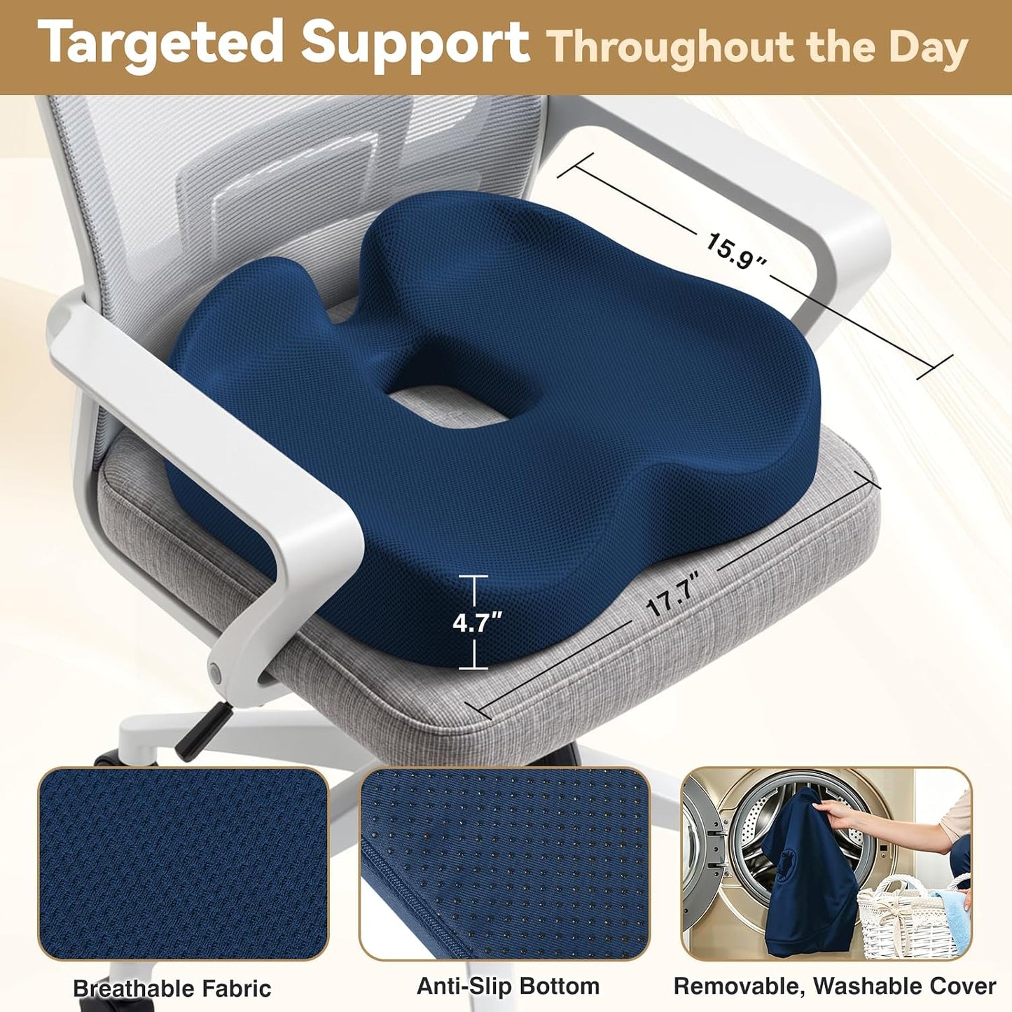 TushGuard Ergonomic Seat Cushion with Coccyx Cutout - 4-Zone Structure Office Chair Cushions for Tailbone Pressure Relief, Non-Slip Chair Pad with Washable Cover for Car, Office, Wheelchair, Black