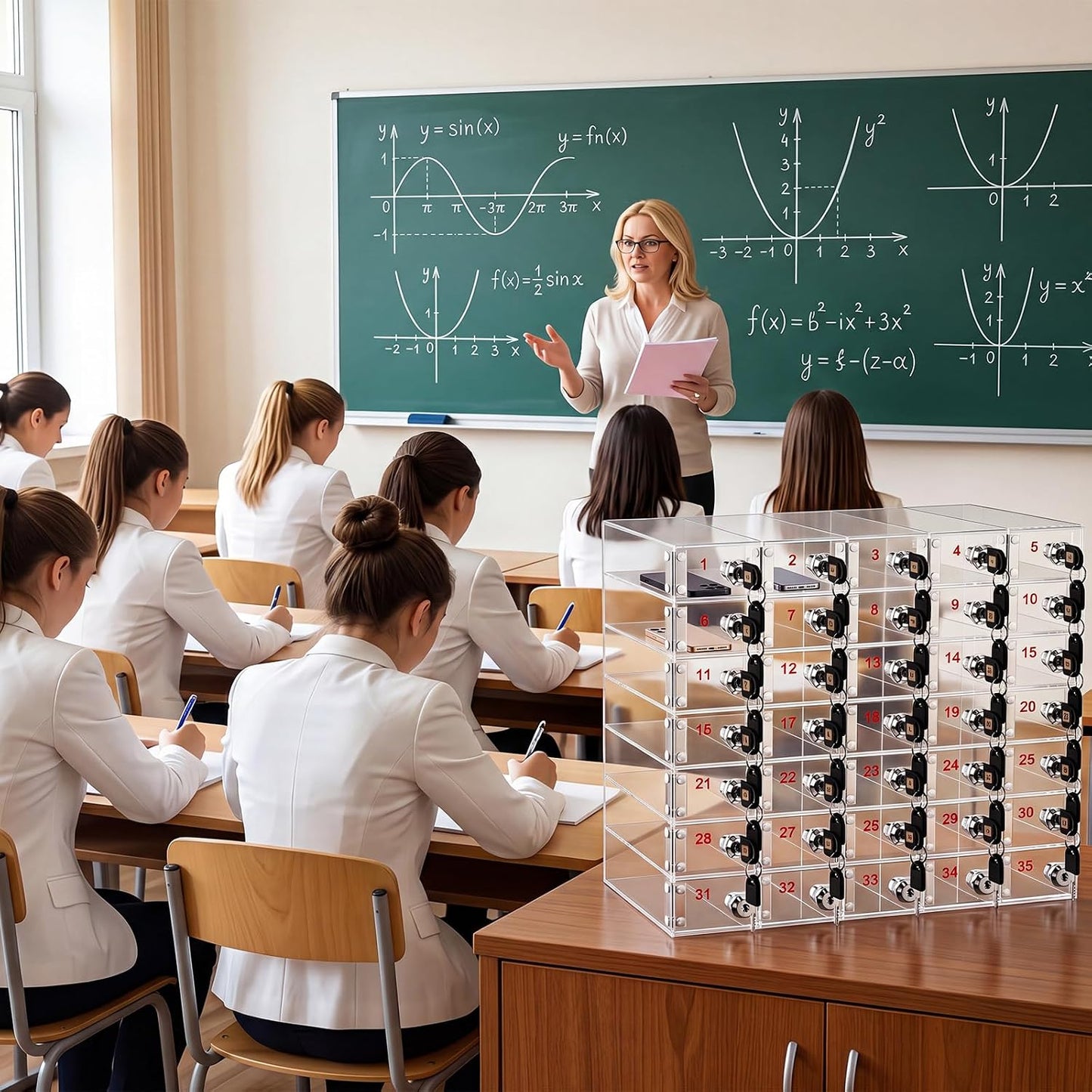 Layhit 20 Slots Cell Phone Locker Box for Classroom Clear Acrylic Cell Phone Storage Cabinet Bin with Door Locks for Classroom School Students Office Factory Employees