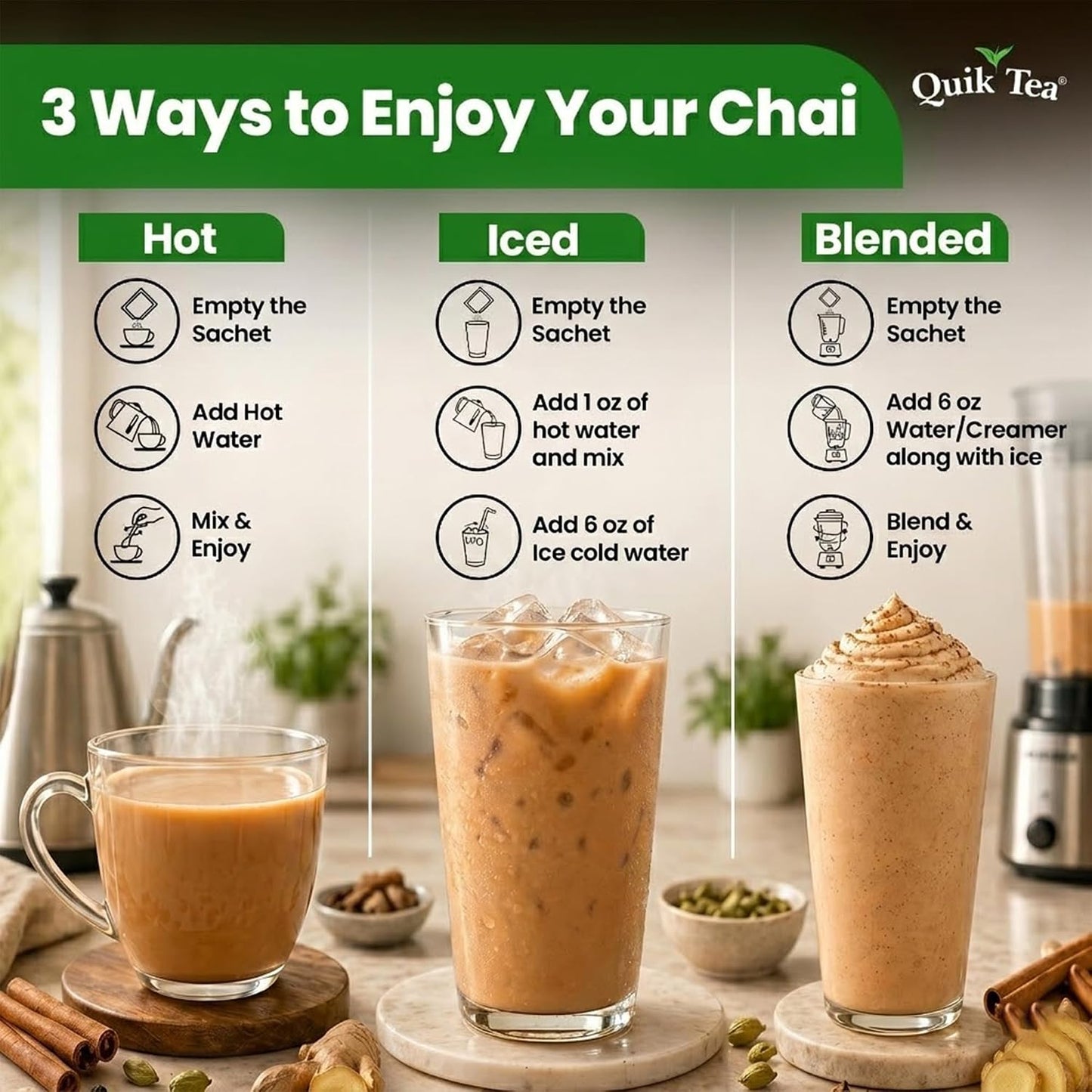 QuikTea Instant Masala Chai Tea Latte, 20 Single-Serve Sachets, Artisanal Indian Chai Latte Mix, Just Add Hot Water, Low Caffeine, Non-GMO, Gluten Free.
