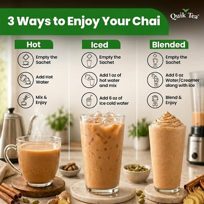 QuikTea Instant Masala Chai Tea Latte, 20 Single-Serve Sachets, Artisanal Indian Chai Latte Mix, Just Add Hot Water, Low Caffeine, Non-GMO, Gluten Free.