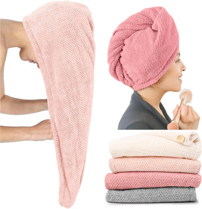 ROLSHOL Extra Large 4 Pack Microfiber Hair Towel Wrap for Women Super Absorbent & Quick Dry Hair Drying Towels with Button, Hair Turbans for Curly Hair Long & Short Hair - Anti-Frizz
