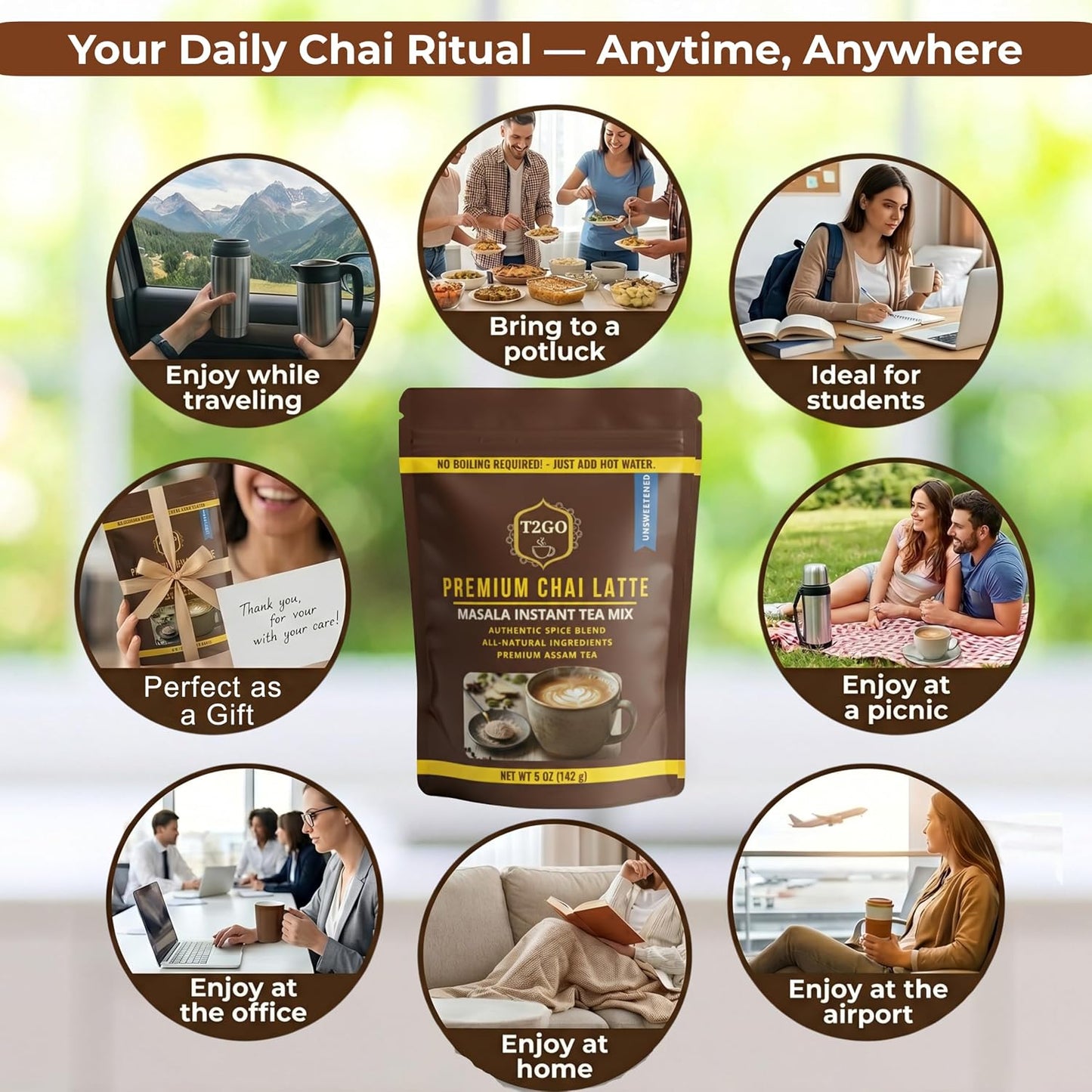 T2GO Unsweetened Masala Chai Tea Latte Powder – Just Add Water, 5 oz | Authentic masala chai, unsweetened — milk & spices built in, 45 calories, 0g added sugar, keto, ready in seconds