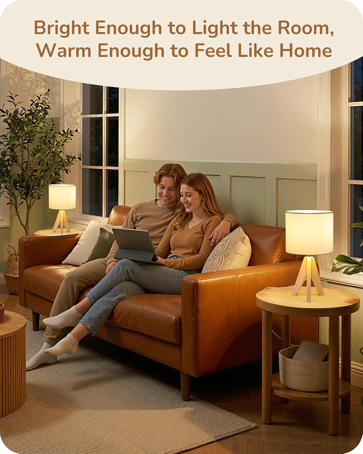 EDISHINE Tripod Table Lamp, Small Cute Bedside Lamp with Linen Beige Lampshade, Nightstand Lamp for Nursery, Bedroom, Kid Room, Living Room, Light Brown Wooden Base, E26 Socket, 14.2 Inch