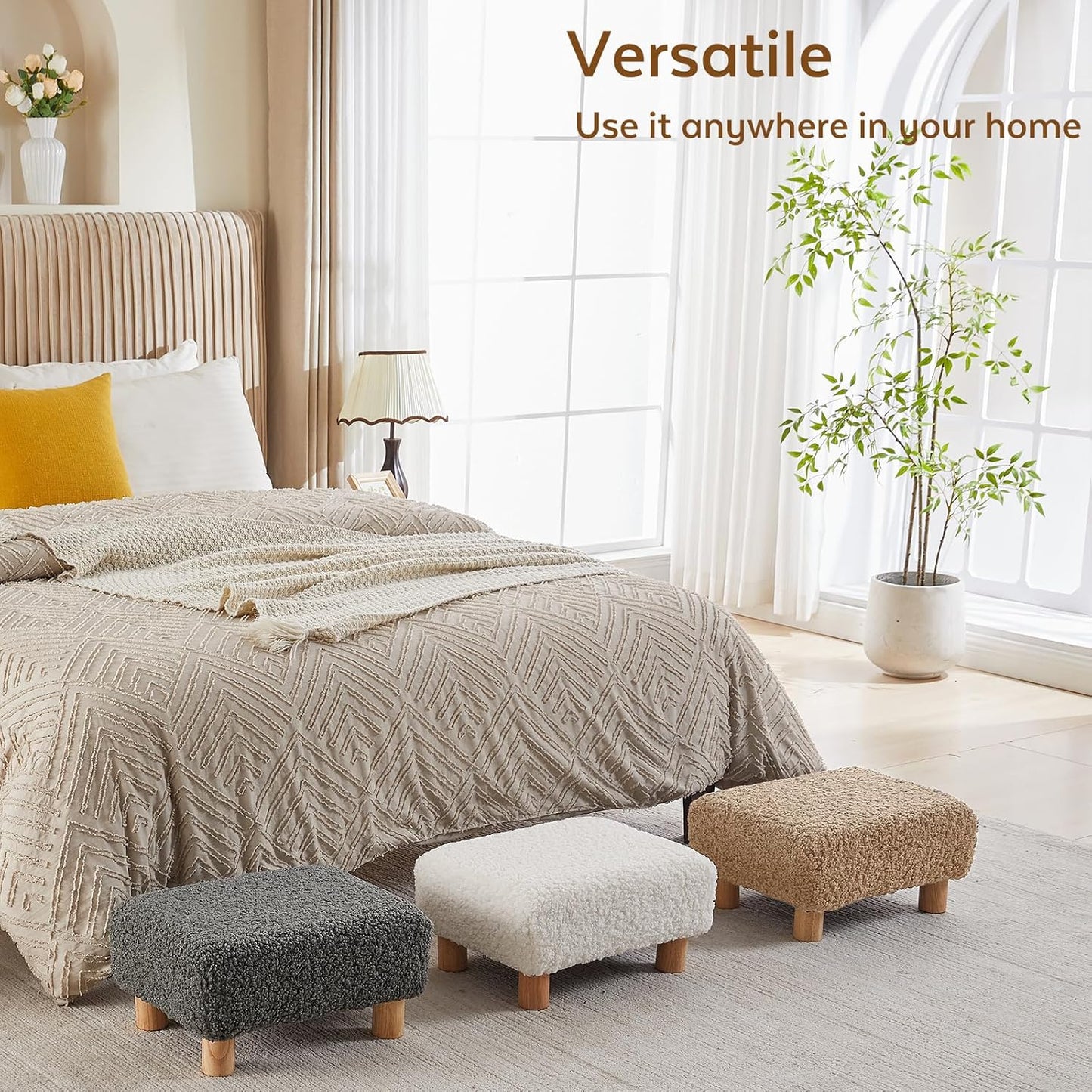 Small Foot Stool Ottoman, Sherpa Footstool Ottoman Foot Rest for Couch, Rectangle Footstools and Ottomans Small for Living Room, Entryway and Bedroom (White)