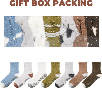 Bulinlulu Fuzzy Socks with Grips Plush Sleep Cozy Winter Soft Hospital Fluffy Socks for Womens Mens Gifts