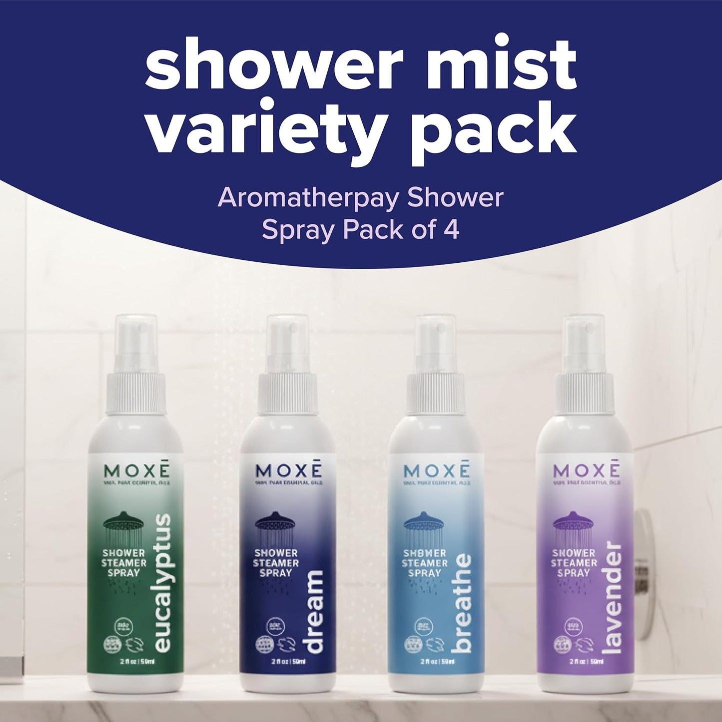 MOXĒ Eucalyptus Oil Shower Mist, Spa Steam Spray, Certified Natural 100% Essential Oils, Made in USA, Aromatherapy, Sinus Congestion Relief, Tension Relief, 4 Ounces