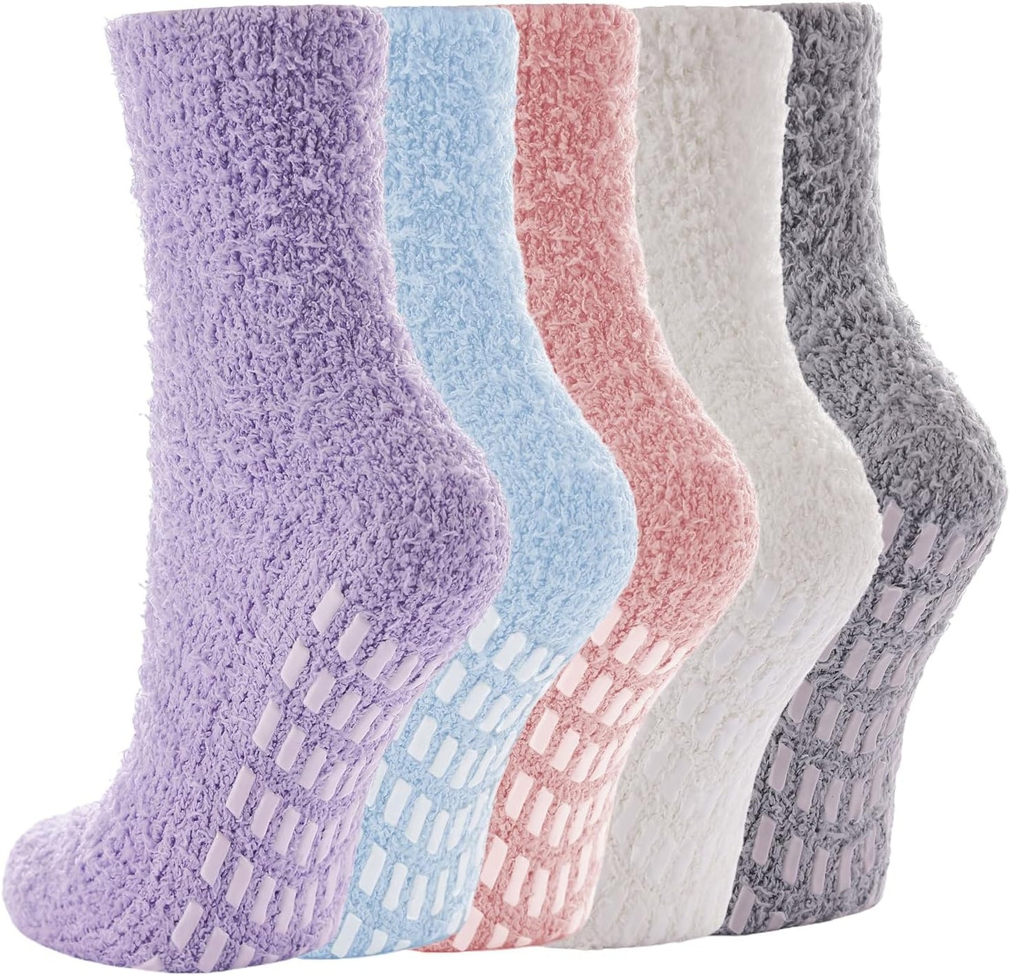 5 Pairs Fuzzy Socks with Grips for Women, Non Slip Cozy Fluffy Soft Socks, Winter Sleep Slipper Hospital