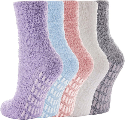 5 Pairs Fuzzy Socks with Grips for Women, Non Slip Cozy Fluffy Soft Socks, Winter Sleep Slipper Hospital