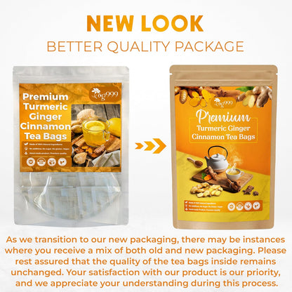 TOG999, 60 Bags Premium Turmeric Ginger Cinnamon Tea, Improve Digestion, Support Brain, Weight, Skin and Sleep, Eco-Conscious Tea Bags and Premium Natural Ingredients. Turmeric Ginger Herbal Tea. No Sugar, No Caffeine, No Gluten, Vegan.