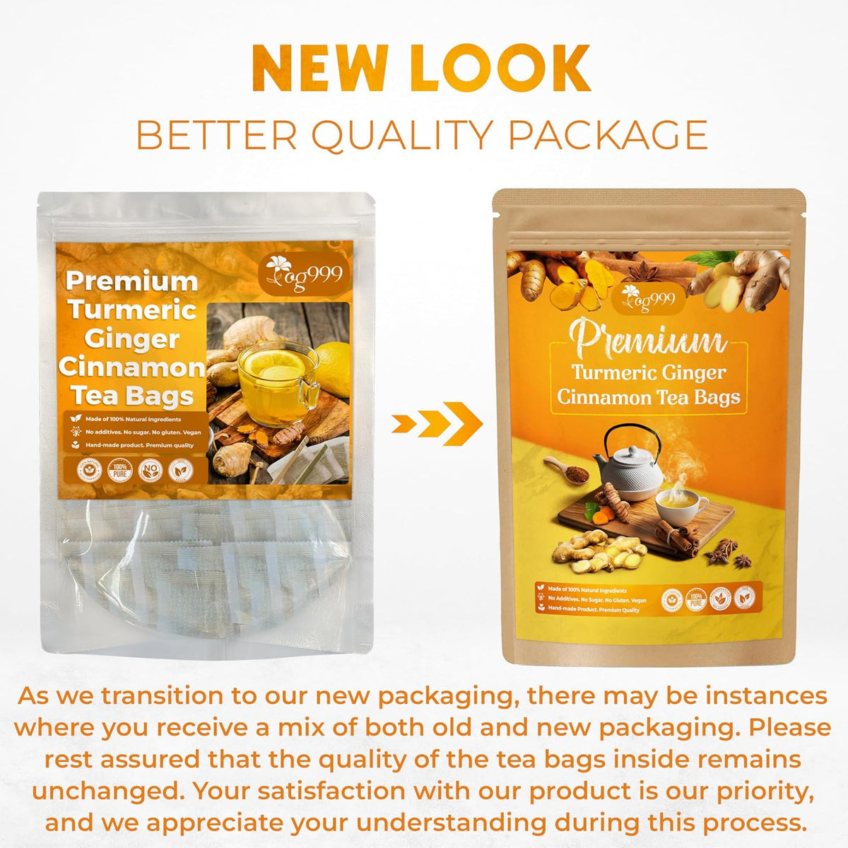 TOG999, 30 Bags Premium Turmeric Ginger Cinnamon Tea, Improve Digestion, Support Brain, Weight, Skin and Sleep, Eco-Conscious Tea Bags and Premium Natural Ingredients. Turmeric Ginger Herbal Tea. No Sugar, No Caffeine, No Gluten, Vegan.