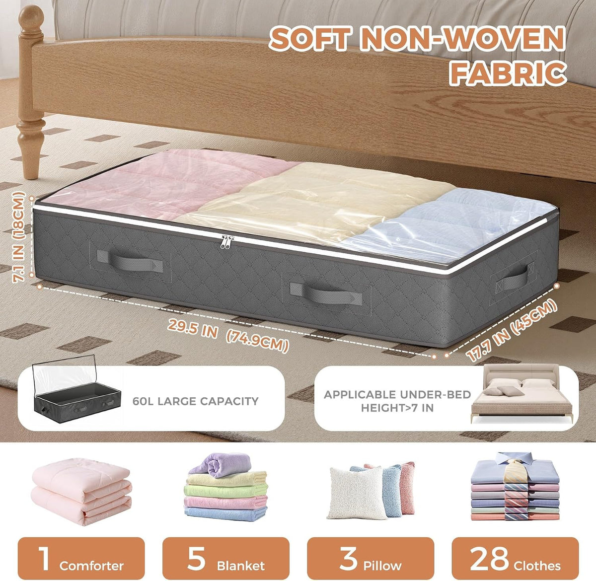 Budding Joy 95L Under Bed Storage Containers, 4 Pack Closet Organizers Grey