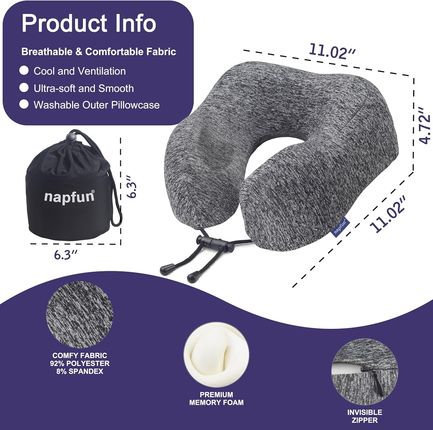 napfun Neck Pillow for Traveling, Upgraded Travel Neck Pillow for Airplane 100% Pure Memory Foam Travel Pillow for Flight Headrest Sleep, Portable Plane Accessories, Light Grey