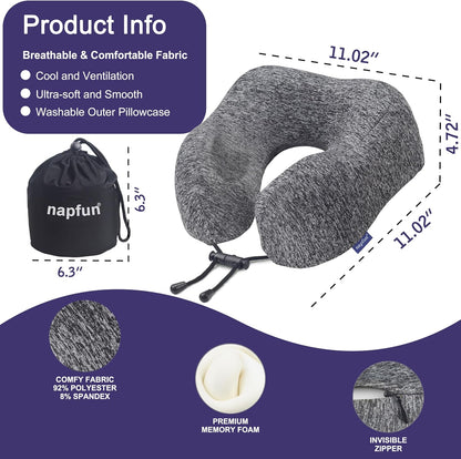 napfun Neck Pillow for Traveling, Upgraded Travel Neck Pillow for Airplane 100% Pure Memory Foam Travel Pillow for Flight Headrest Sleep, Portable Plane Accessories, Light Grey