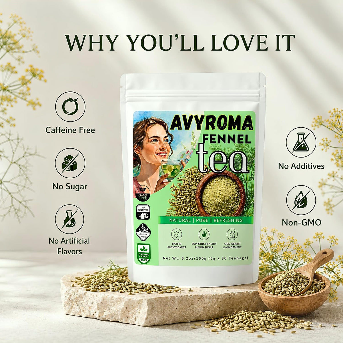 AVYROMA Premium Organic Fennel Seed Tea - Natural Herbal Infusion for Detox, Digestive Health - Caffeine-Free, Herbal Tea, 100% Pure and Natural Ingredients, 30 Teabags