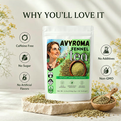 AVYROMA Premium Organic Fennel Seed Tea - Natural Herbal Infusion for Detox, Digestive Health - Caffeine-Free, Herbal Tea, 100% Pure and Natural Ingredients, 30 Teabags