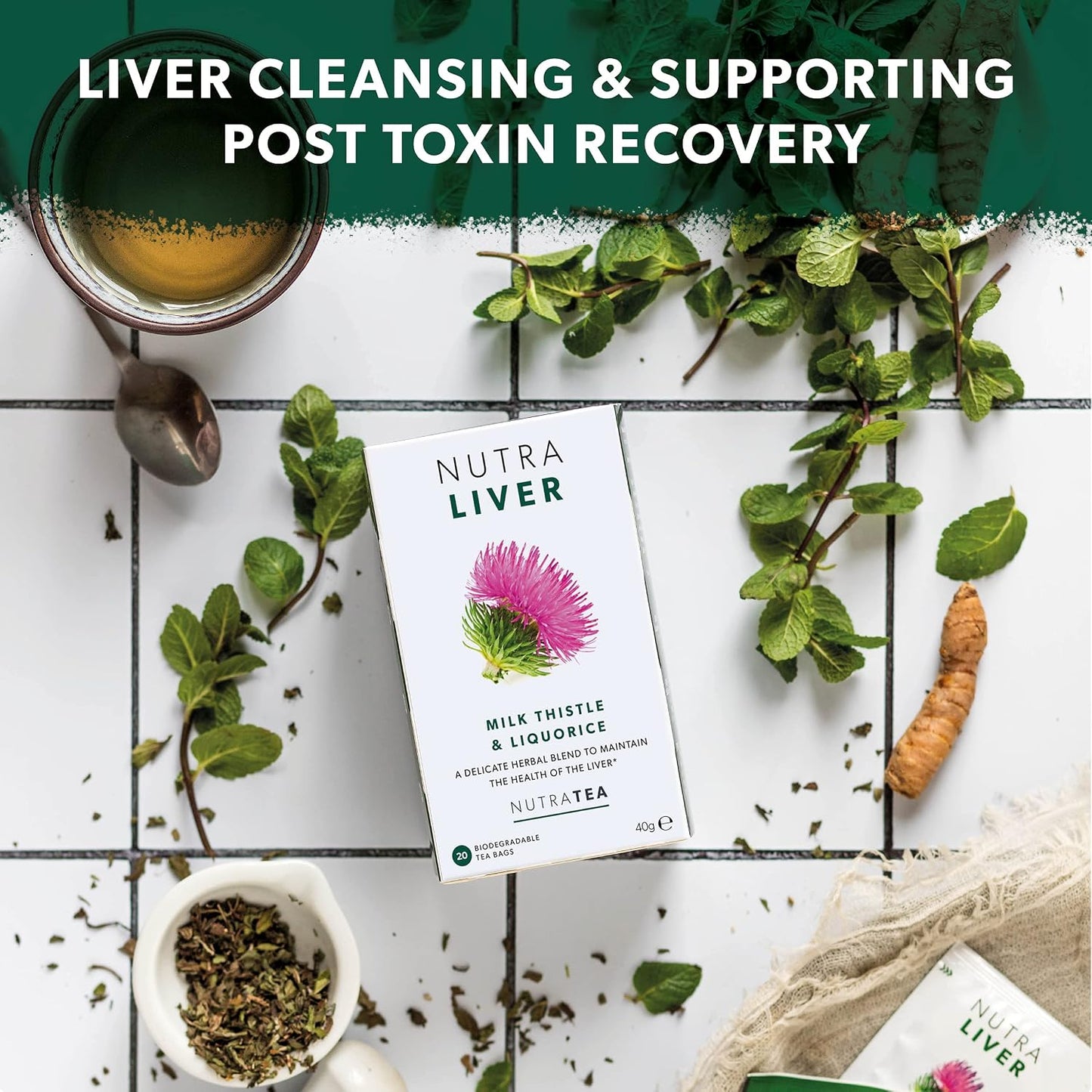 NUTRALIVER - Liver Detox & Cleanse Tea - Milk Thistle, Turmeric & Fennel - 40 Enveloped Tea Bags - Herbal Tea - 2 Pack